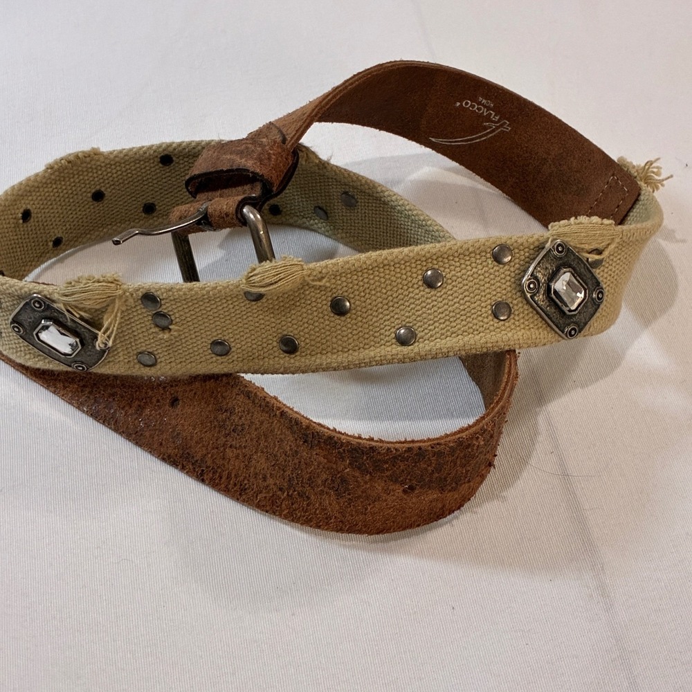 Y2K Flacco Roma Belt Studded Crystal Canvas Leather Distressed Boho‎ Festival - Picture 5 of 15